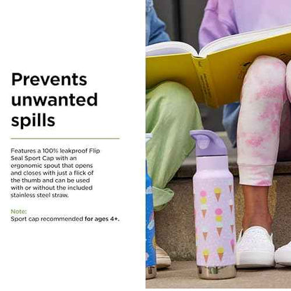 Klean Kanteen 12 oz Classic Kid's Insulated Water Bottle with Flip Seal Sport Cap - 100% Leakproof Cap - BPA-Free - Stainless Steel Material - Ice Cream