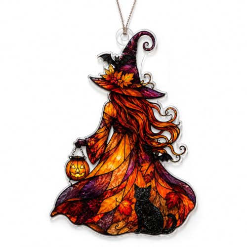 Halloween Witch Black Cat Ornament - Gothic Acrylic Stained Glass Style for Tree