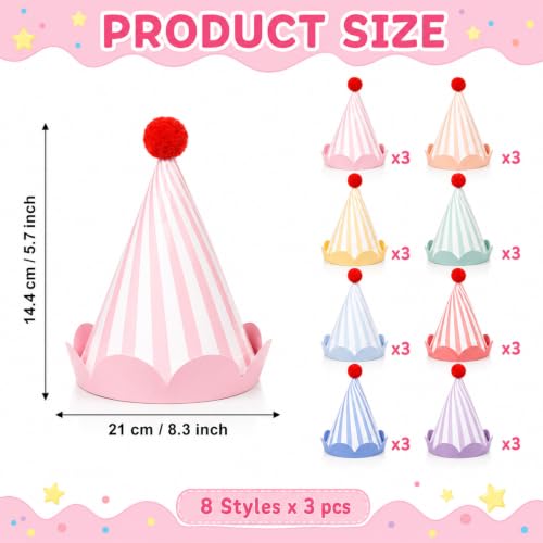 24-Pack Rainbow Party Cone Hats for Birthday Celebrations