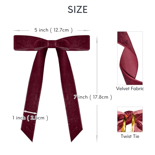 25 Velvet Christmas Bows for Holiday Decor - Burgundy, 1 Inch Wide