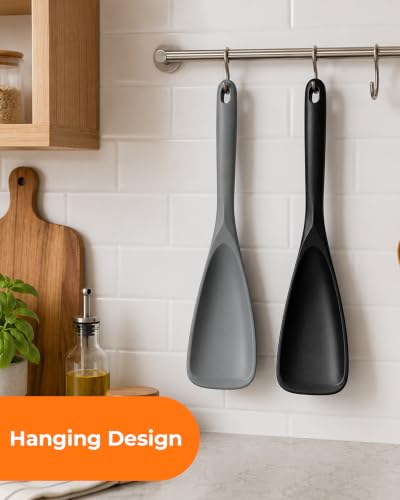 Black & Gray Silicone Cooking Spoon Set with S-Hooks - Nonstick Safe Heat-Resistant Utensils