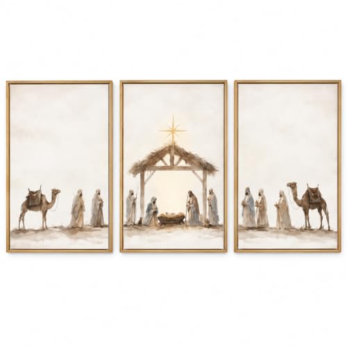 3-Piece Nativity Wall Art Set - Framed Religious Decor, 24 x 36 in Wheat Cocoa