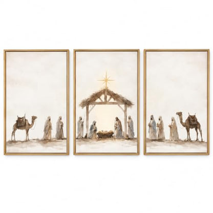 3-Piece Nativity Wall Art Set - Framed Religious Decor, 24 x 36 in Wheat Cocoa