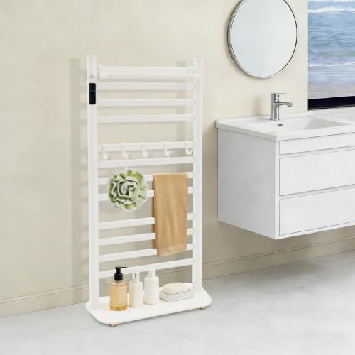 Heated Towel Rack with LED Display and Top Shelf - White