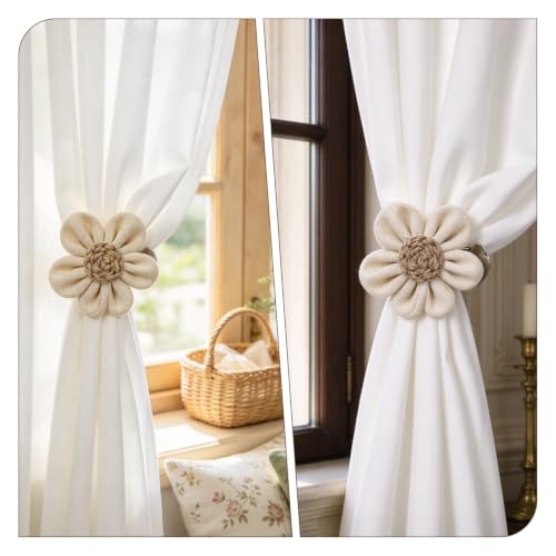 Rustic Boho Curtain Tiebacks & Flower Clips, 2 Pack for Sheer & Light Curtains