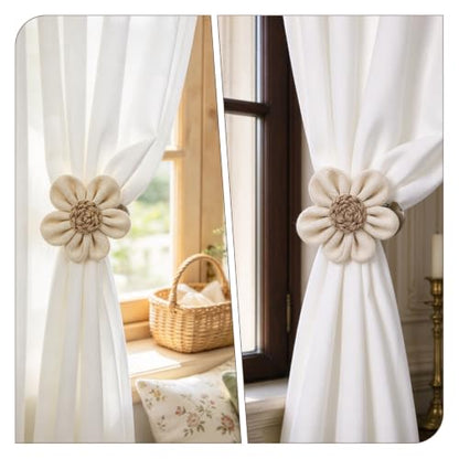 Rustic Boho Curtain Tiebacks & Flower Clips, 2 Pack for Sheer & Light Curtains
