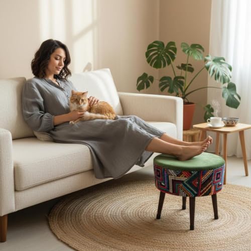 Bohemian Rainbow Pouf Ottoman Foot Rest - Round Living Room Decorative Stool