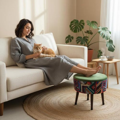 Bohemian Rainbow Pouf Ottoman Foot Rest - Round Living Room Decorative Stool