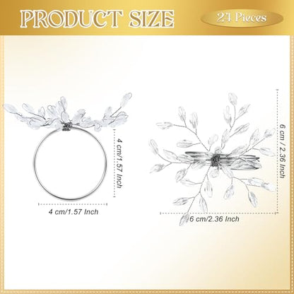 Willbond Christmas Crystal Leaf Napkin Rings Set - Silver, 12 Pieces