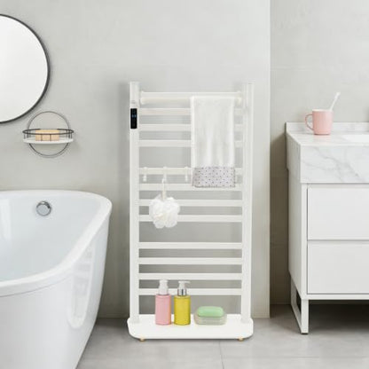 Heated Towel Rack with LED Display and Top Shelf - White