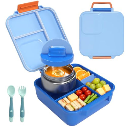 Kids Lunch Box Bento Set with 4 Compartments and 8oz Food Jar - Blue