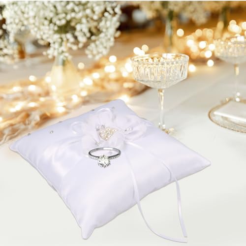 Wedding Ring Pillow 20x20cm with Pearl Flower Ribbon for Bridal Ceremony