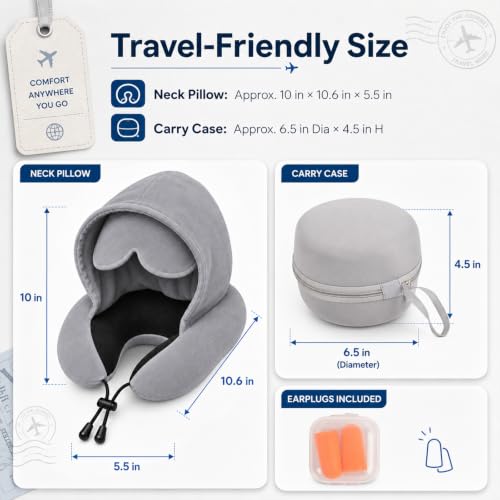 Gray Travel Neck Pillow with Hood and Eye Mask - Memory Foam Support