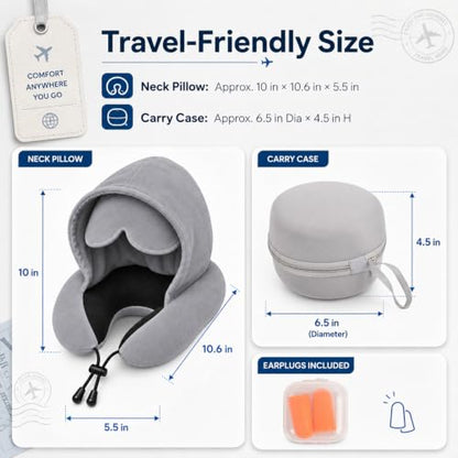 Gray Travel Neck Pillow with Hood and Eye Mask - Memory Foam Support