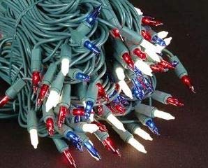 Patriotic Christmas Lights - 100 Count, 24 Feet, Static & Blinking Modes - Green Wire
