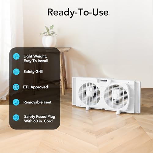 Comfort Zone Window Fan for Bedroom, 9 inch 3 Speed Dual Fans with Auto-Locking Expanders, Window Exhaust Fan, Removeable Bug Screen, Black