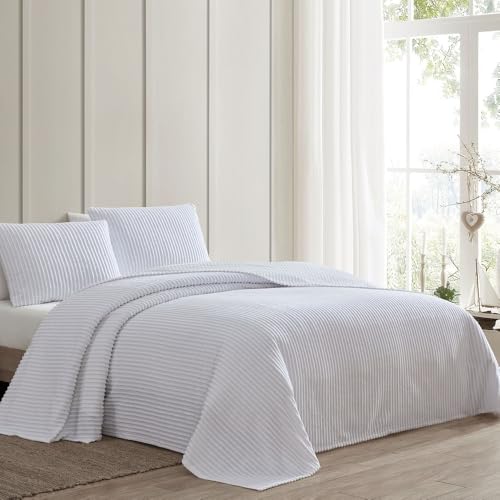 Oversized Cotton Chenille Bedspread Queen Size - Textured Striped Shabby Chic Bedding