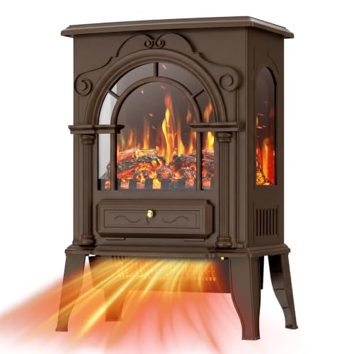 Electric Fireplace Stove with 3D Flame and Thermostat - Brown, 22 Inch