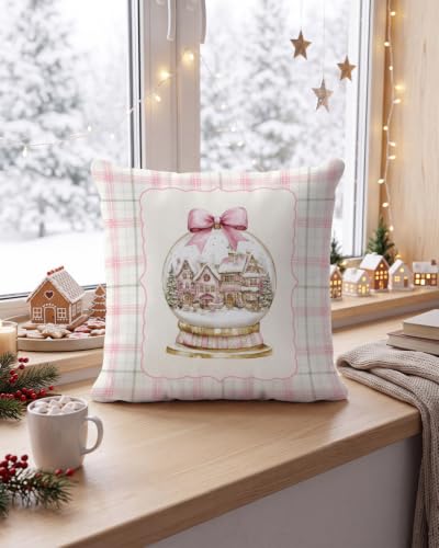 Christmas Snow Globe Pillow Cover 18x18 Pink Village Holiday Decor - Pink Plaid Variation