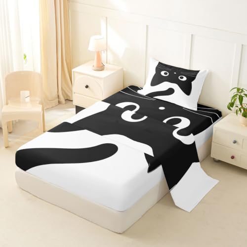 Black Cat Bed Sheets Twin Size with Deep Pockets and Vibrant Prints - Kids Bedding Set