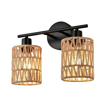 Merbotin 2 Light Rattan Vanity Light Boho Vanity Lighting Fixture Woven Bathroom Vanity Wall Light Coastal Tropical Bathroom Light, Rustic Natural Style Wall Mount Light for Bedroom Kitchen