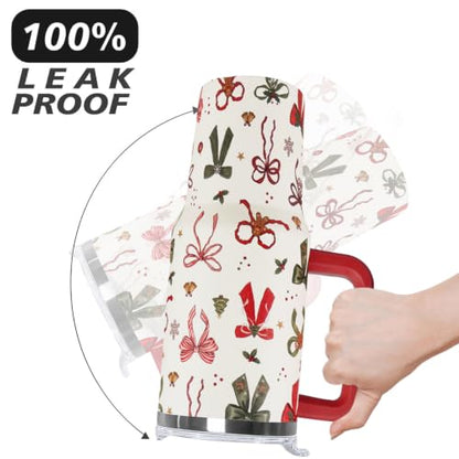 Christmas Bow 40oz Insulated Travel Tumbler with Handle - Festive Stainless Steel Mug