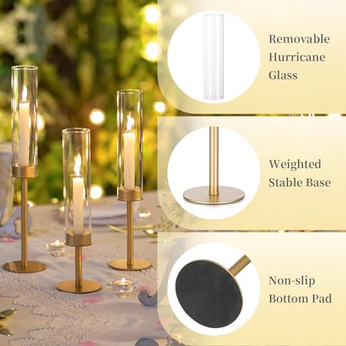 Hewory Gold Candlestick Holders Set of 12 - Glass Hurricane with Brass Bases, Matte Gold Variation