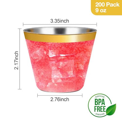 Gold Plastic Cups 9oz Disposable Party Cups - 200 Pack, Gold Rim