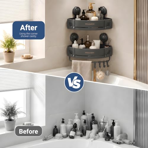 2-Pack Shower Caddy Corner Suction Cup Towel Rack with Bar & Hooks - Gray