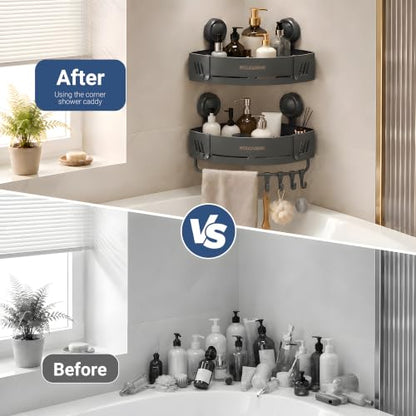2-Pack Shower Caddy Corner Suction Cup Towel Rack with Bar & Hooks - Gray