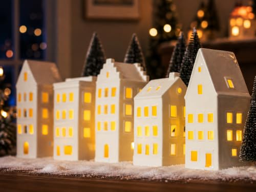 15PCS Lighted Christmas Village Set Ceramic Houses & Trees - Indoor Holiday Decor