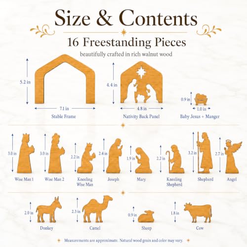 Hawkrown Nativity Set 16-Piece Indoor Wooden Manger Scene - Bronze Variation