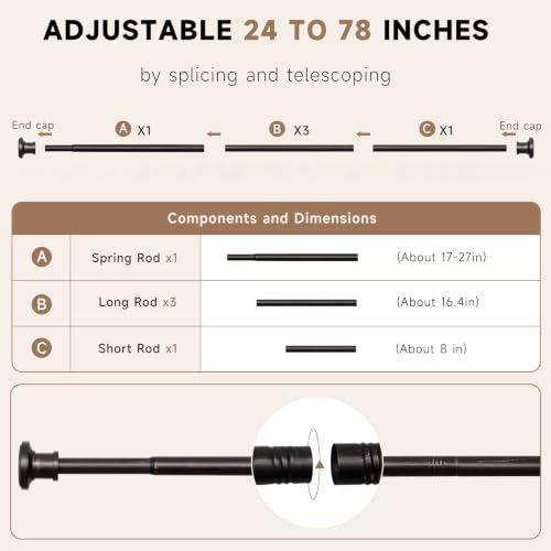 Bronze Tension Curtain Rod 24-78 Inch No Drilling Spring Support for Windows & Shower