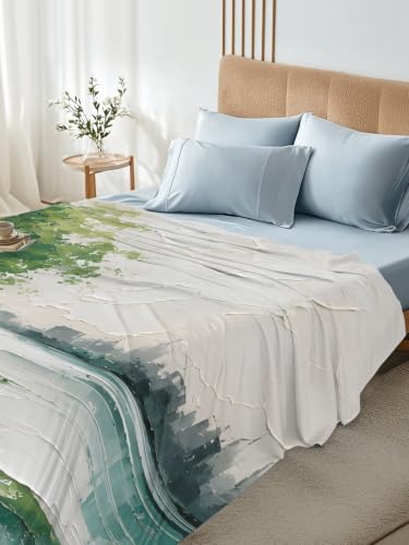 Queen Flat Sheet - Green Forest Tree Mountain Pastoral Landscape Microfiber Bedding, Sage Green, Queen Size