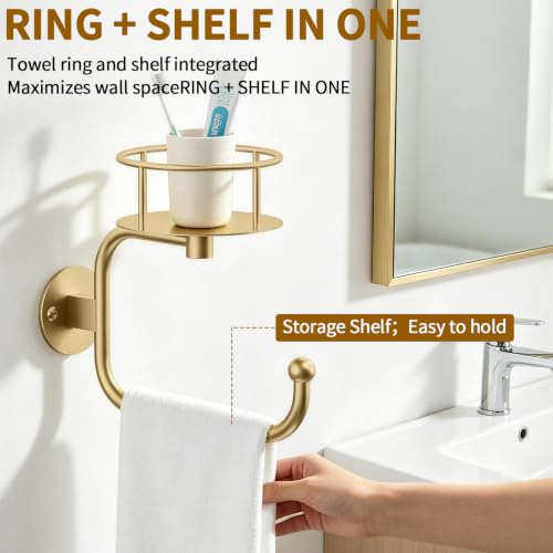 Hand Towel Holder with Shelf and Gold Towel Ring - Bathroom Organizer
