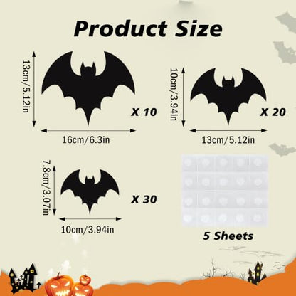 Halloween Bat Paper Cutouts for Bulletin Boards, 60 Pack, 3 Sizes