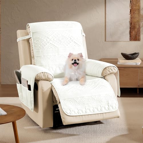 Large White Recliner Chair Cover Water-Repellent Boho Slipcover with Pockets - 30 Inch