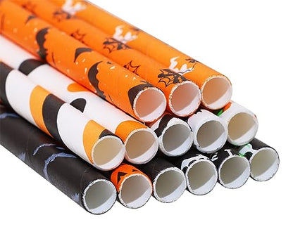 Halloween Paper Straws Penta Angel 50Pcs Pumpkin Bat Spider Wed Skull Pattern - Halloween Pattern