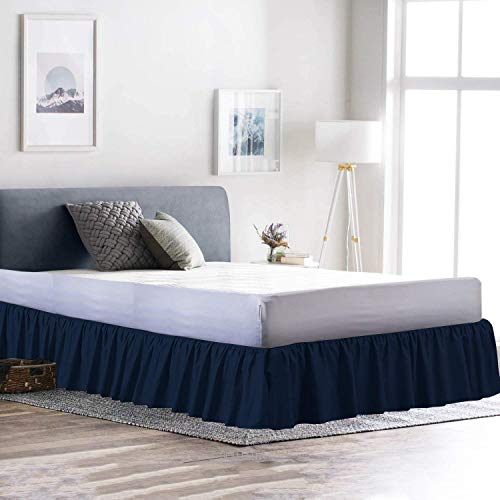 100% Cotton 600 Thread Count 1 Piece Dust Ruffle Bed Skirt 12" Drop Dust Ruffle with Platform, Gathered Styling (Twin Size, Navy Blue)