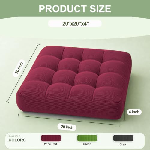 Floor Pillow Set of 2 20 Inch Large Tufted Corduroy Cushions for Sitting Meditation Lounge - Wine Red
