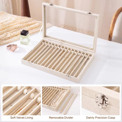 Beige Necklace Organizer with 15 Hooks Velvet Lid Jewelry Holder