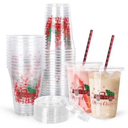 Christmas Party Disposable Plastic Cups with Lids and Straws - 50 Pack
