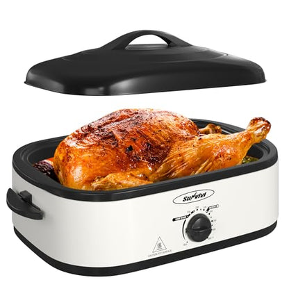 14 Quart Electric Roaster Oven with Self-Basting Lid - Stainless Steel, White