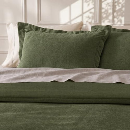 Olive Green Velvet Chenille Duvet Cover Set - Queen with Hidden Zipper & Snaps