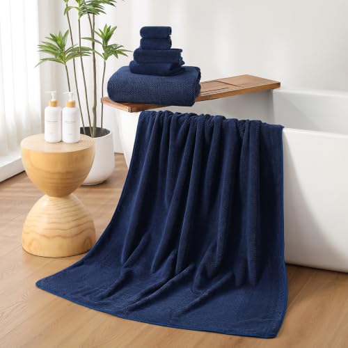 Navy Blue Bath Towels Set 29x59 Inches - 6 Pieces, Extra Large, Soft & Absorbent