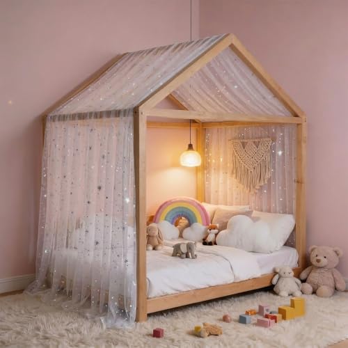 Kids Sheer Canopy Bed Curtains - Sparkly Star Tulle for House, Bunk & Toddler Bed, White, 59x197 Inches