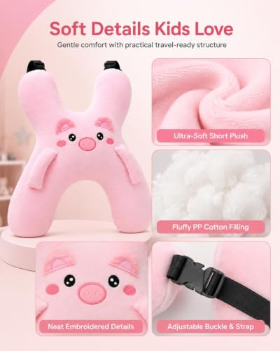 Kids Pink Car Travel Neck Pillow with H-Shaped Support & Adjustable Strap