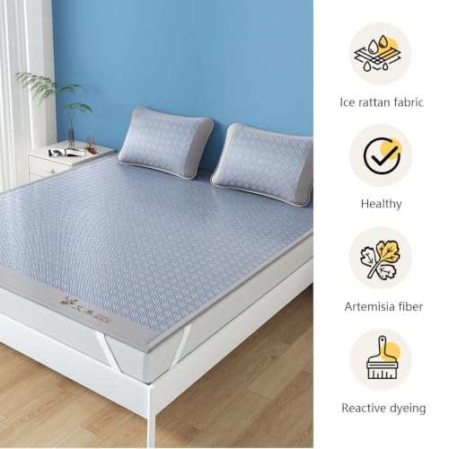 Blue Foldable Cooling Sleeping Mat with Pillowcase - 120x195cm Ice Silk Bed Pad