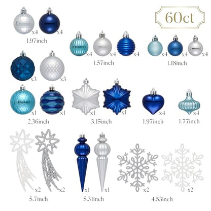 Valery Madelyn Navy Blue & Silver Shatterproof Christmas Ornament Set, 60ct - Var Blue Silver
