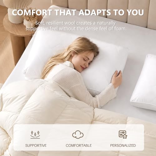 Natural Wool Pillow with Cotton Cover - Adjustable Support for Comfortable Sleep